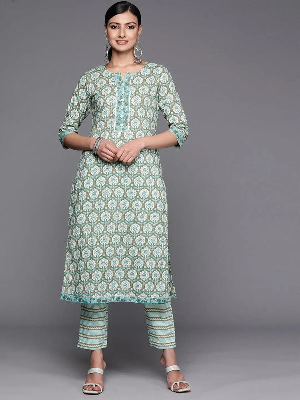 Green Printed Cotton Straight Kurta Set With Trousers - Jashvi