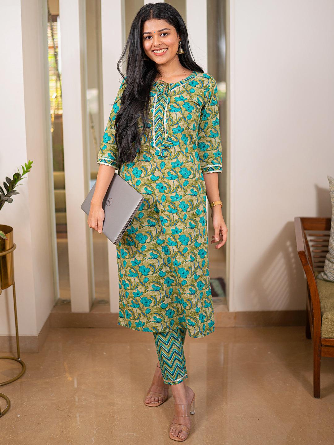 Green Printed Cotton Straight Kurta With Trousers - Jashvi