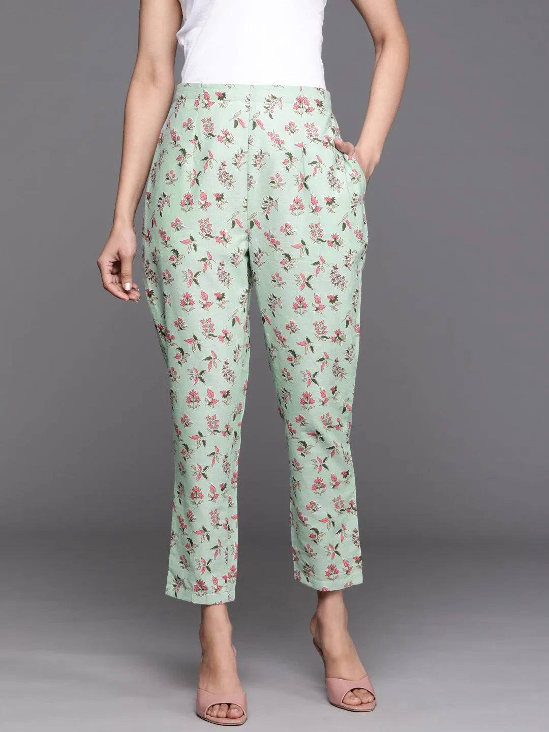 Green Printed Cotton Trousers - Jashvi