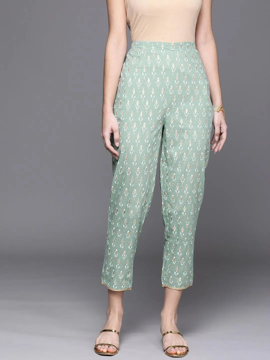 Green Printed Cotton Trousers - Jashvi