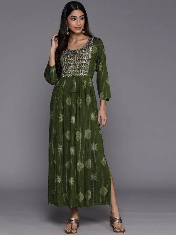 Green Printed Fit and Flare Rayon Dress - Jashvi