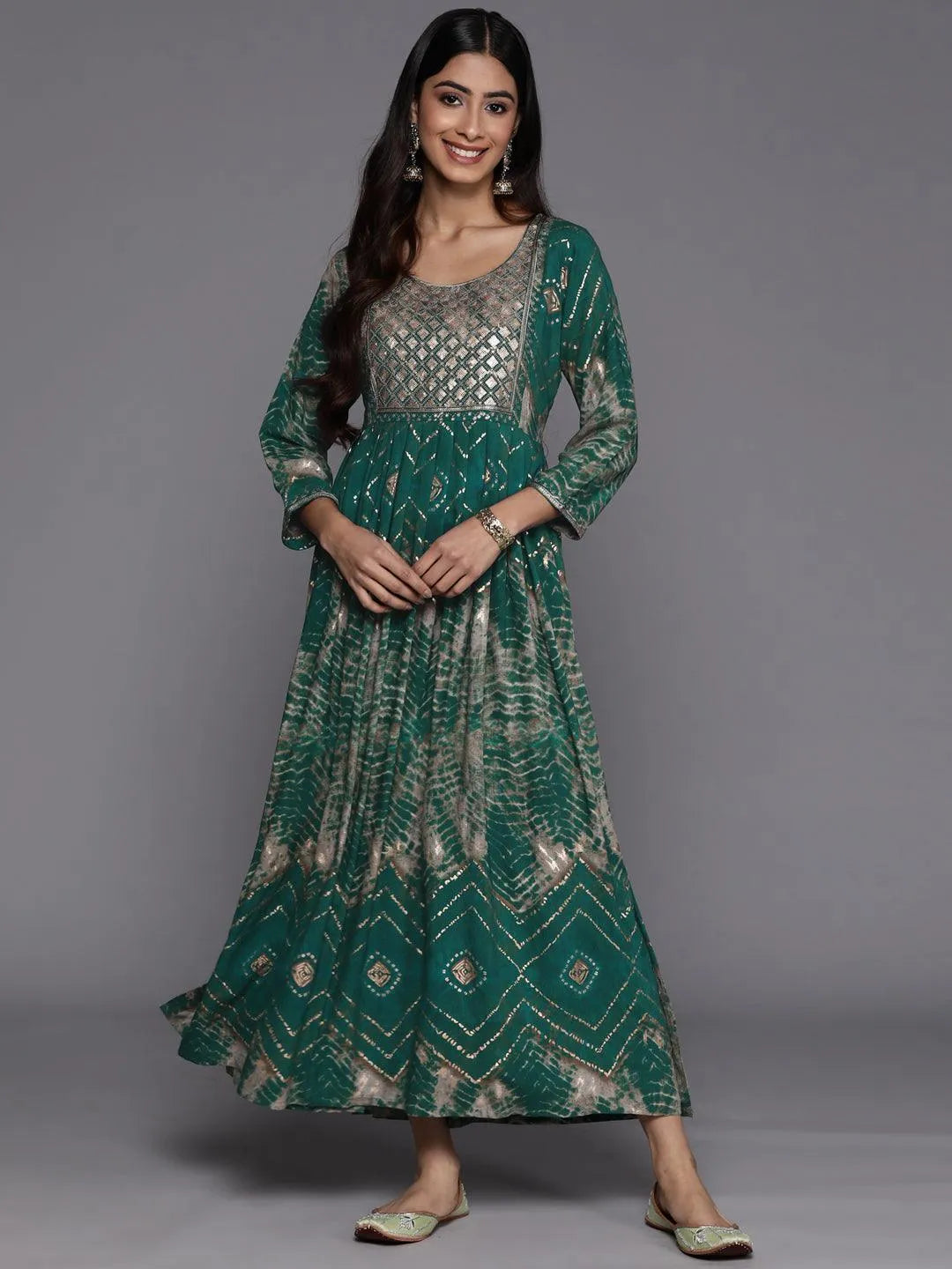 Green Printed Fit and Flare Rayon Dress - Jashvi