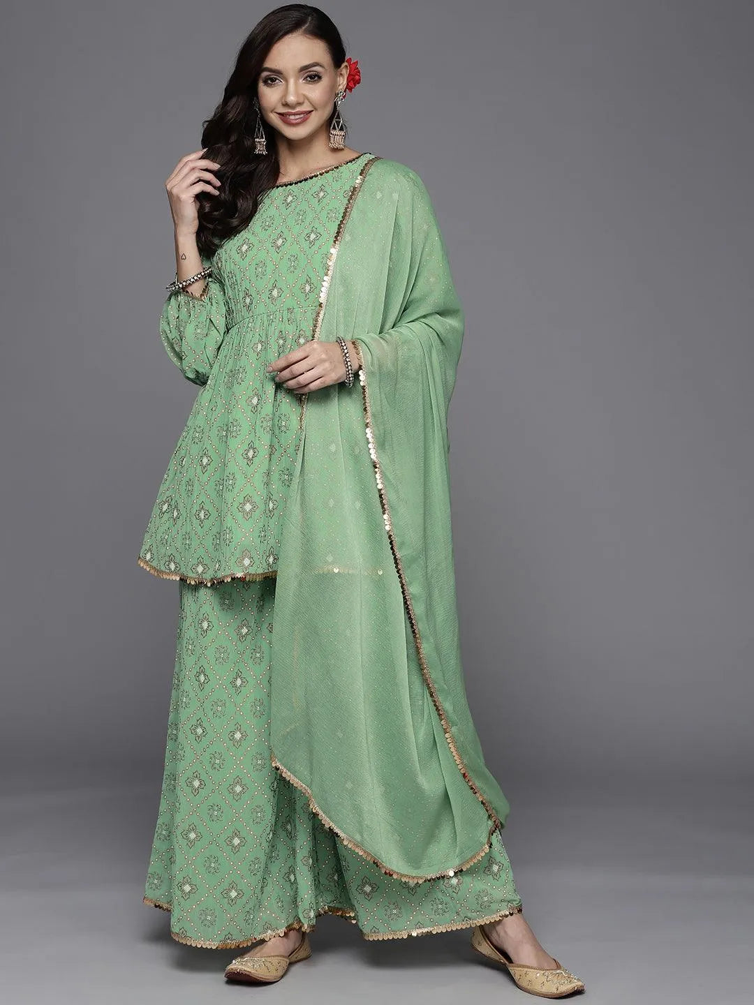 Green Printed Georgette A-Line Suit Set - Jashvi