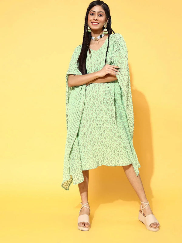 Green Printed Georgette Dress - Jashvi