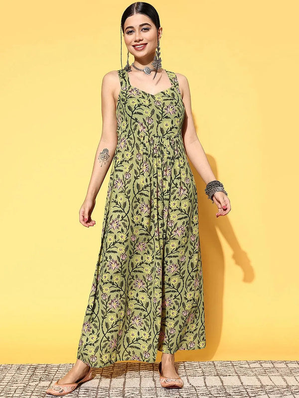 Green Printed Georgette Fit and Flare Dress - Jashvi