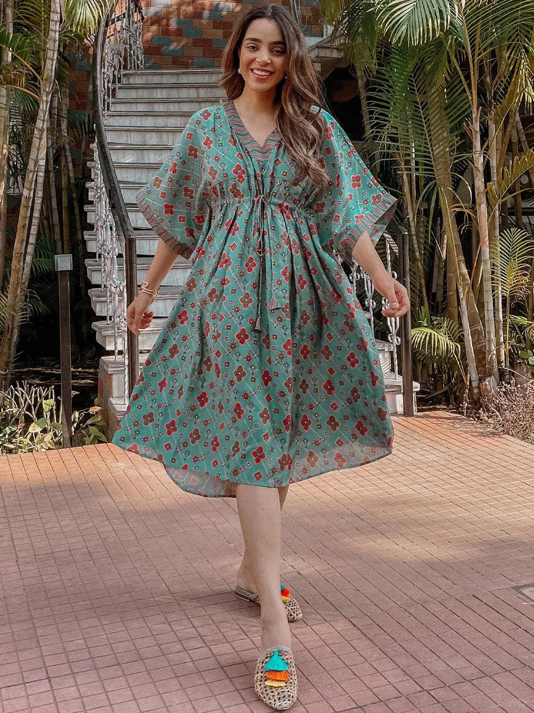 Green Printed Kaftan Dress - Jashvi