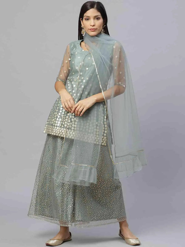 Green Printed Net Suit Set - Jashvi