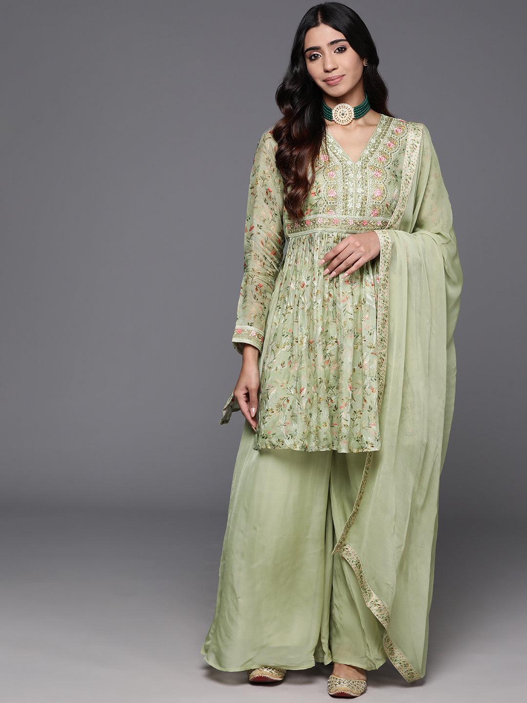 Green Printed Organza A-Line Kurta With Palazzos & Dupatta - Jashvi