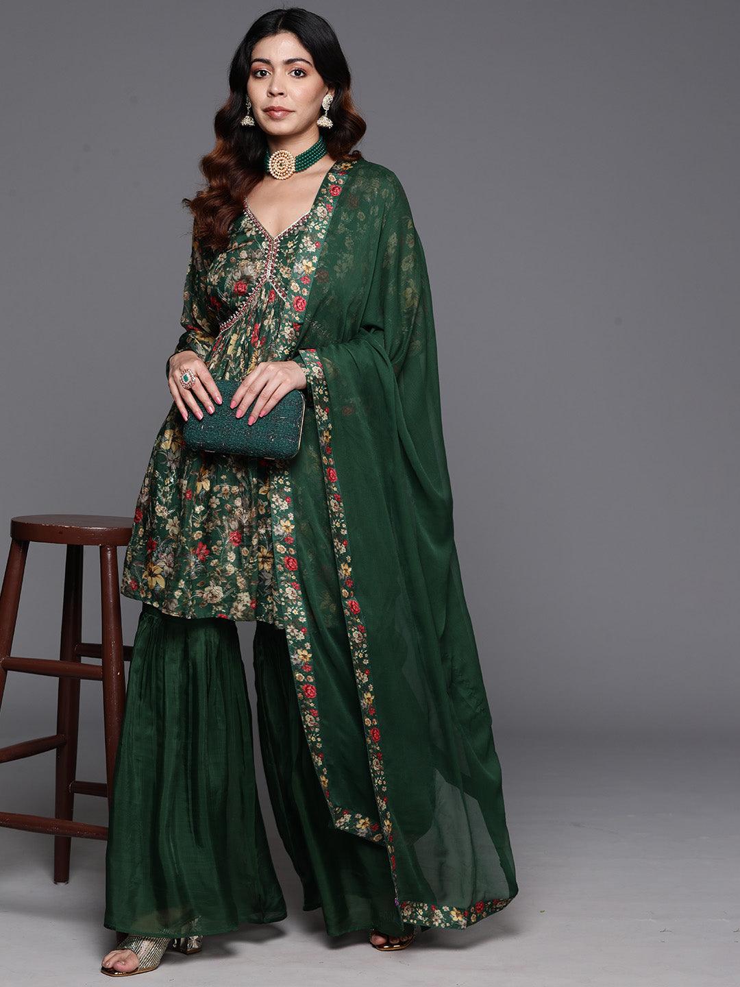 Green Printed Organza A-Line Kurta With Sharara & Dupatta - Jashvi