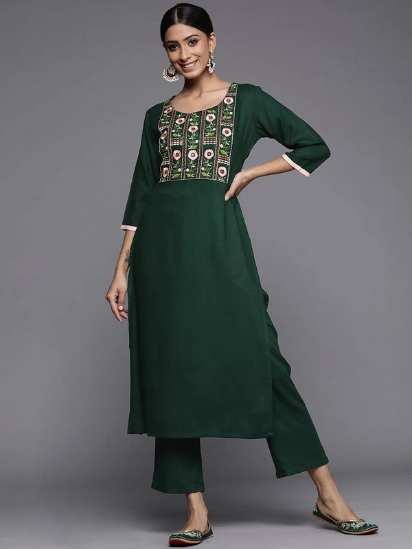 Green Printed Pashmina Wool Kurta - Jashvi