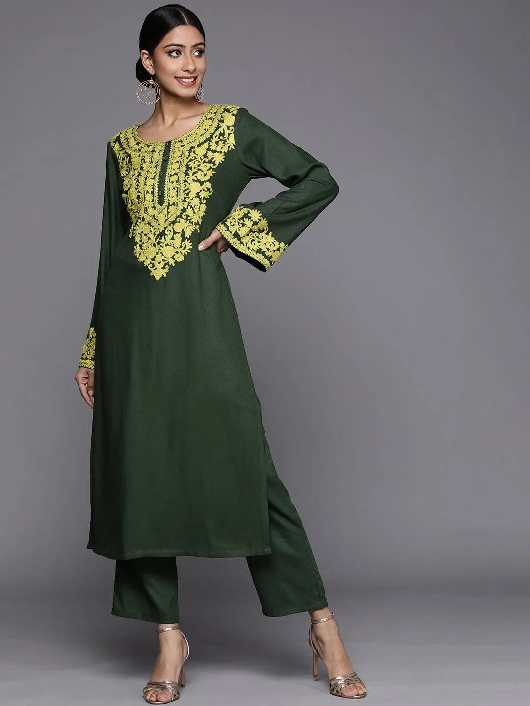 Green Printed Pashmina Wool Kurta - Jashvi