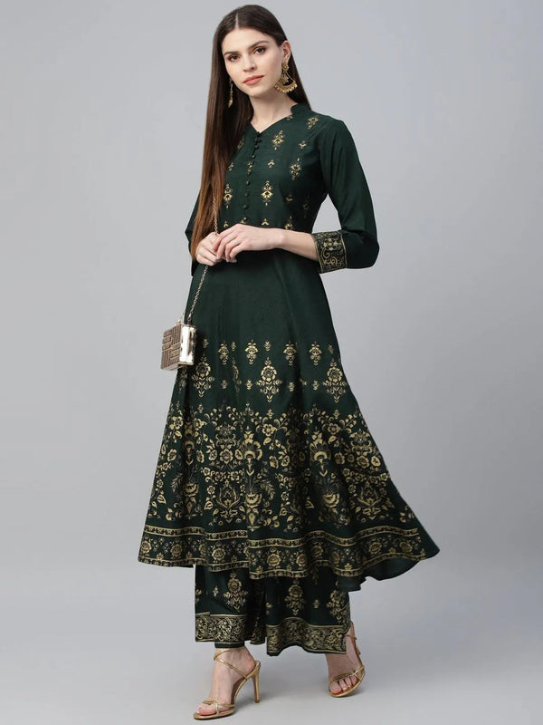 Green Printed Polyester Anarkali Kurta With Palazzos