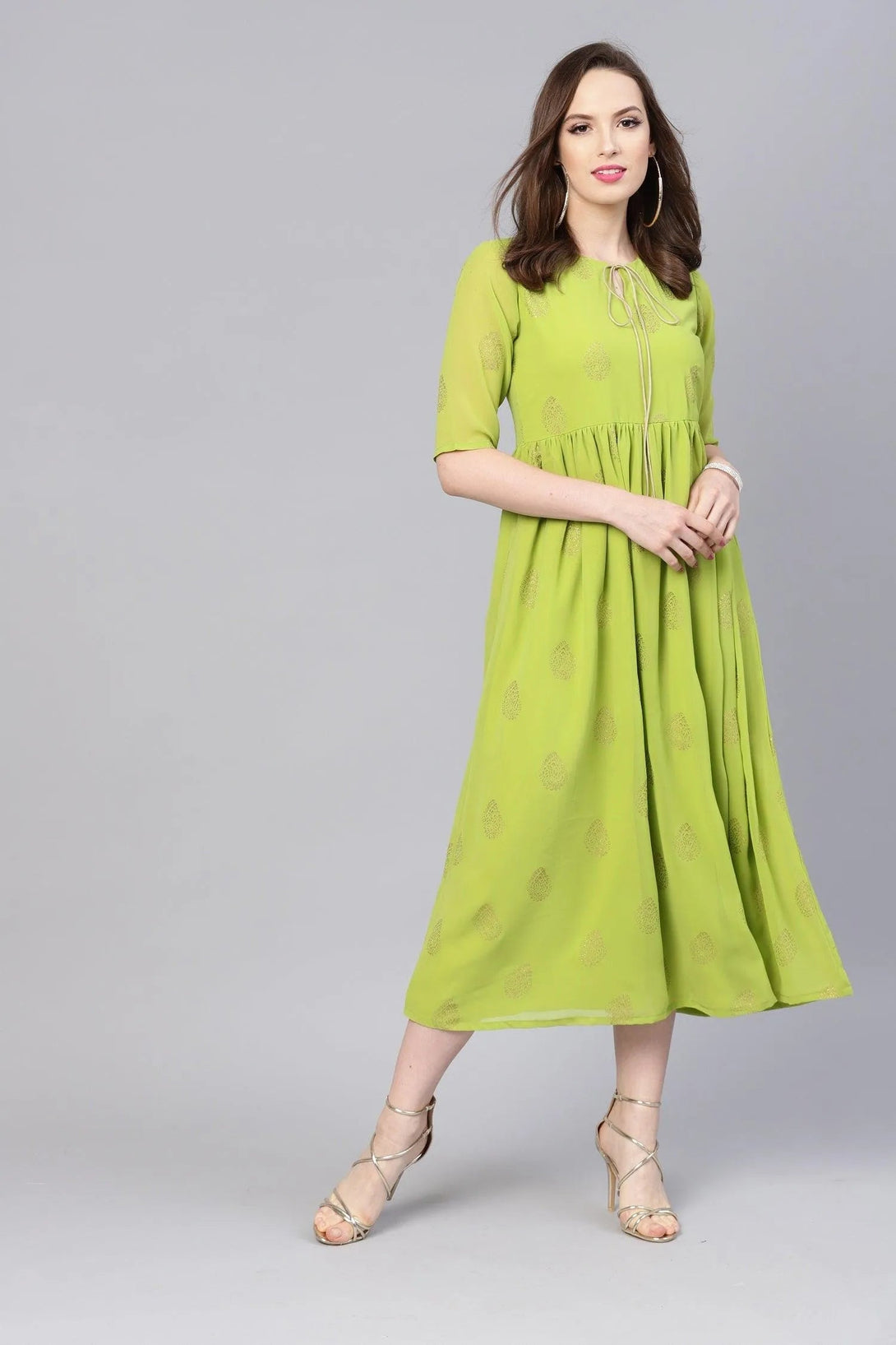 Green Printed Polyester Dress - Jashvi