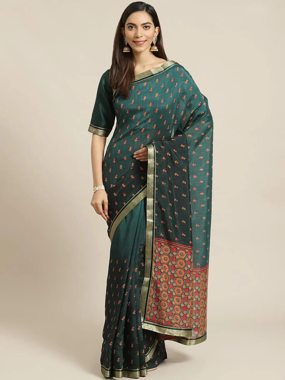 Green Printed Polyester Saree - Jashvi