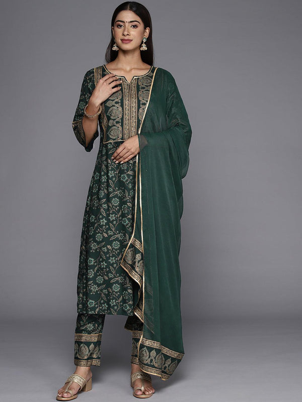 Green Printed Rayon A-Line Kurta With Trousers & Dupatta - Jashvi