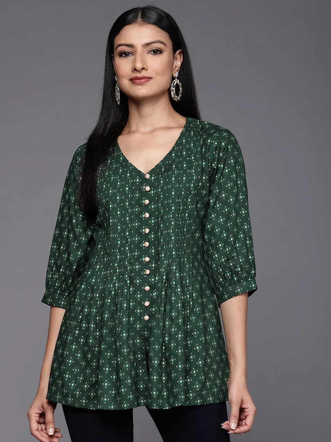 Green Printed Rayon A-Line Kurti - Jashvi