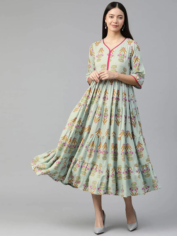 Green Printed Rayon Dress - Jashvi