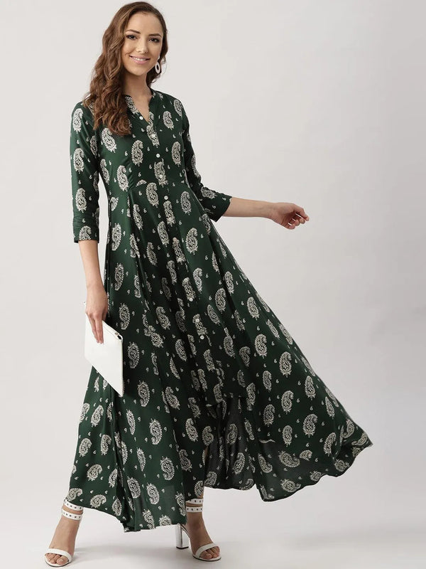 Green Printed Rayon Dress - Jashvi