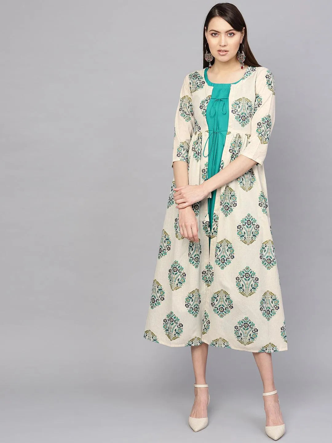 Green Printed Rayon Dress With Jacket - Jashvi