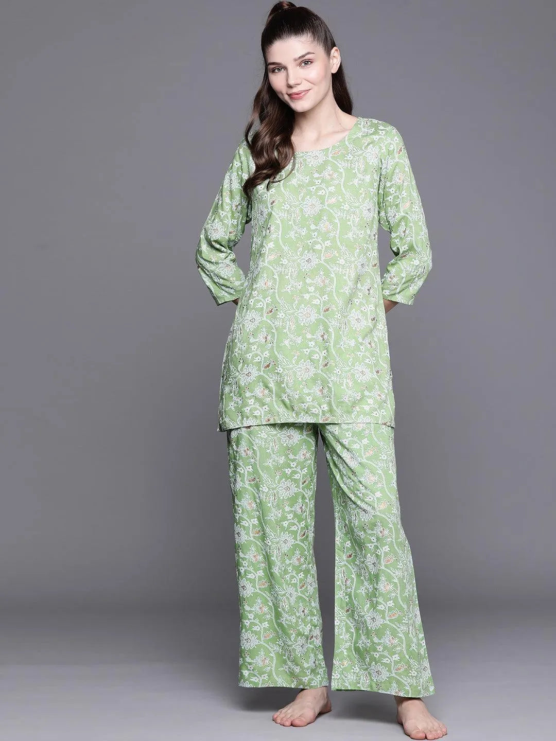 Green Printed Rayon Night Suit - Jashvi