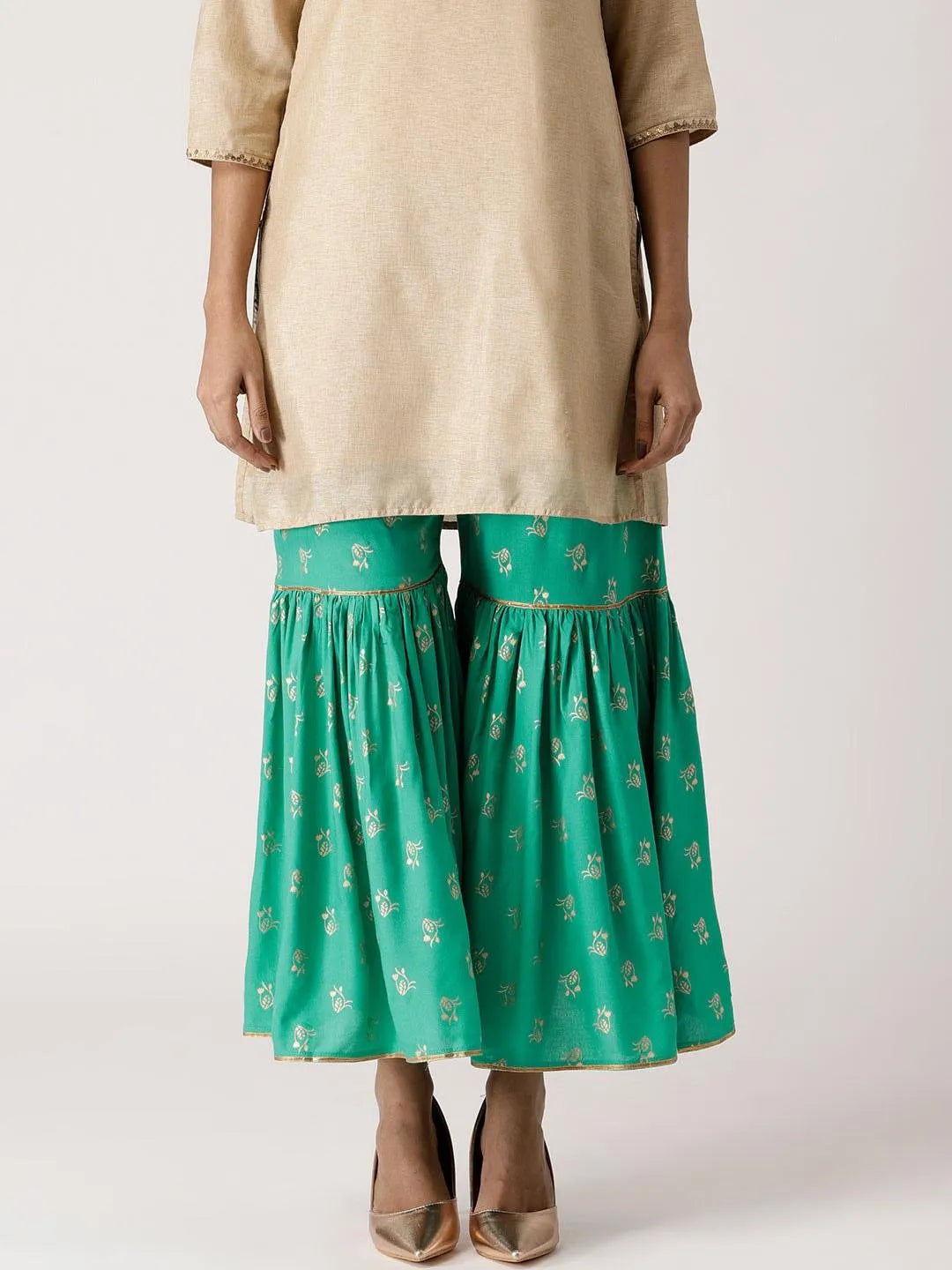 Green Printed Rayon Sharara Pants - Jashvi