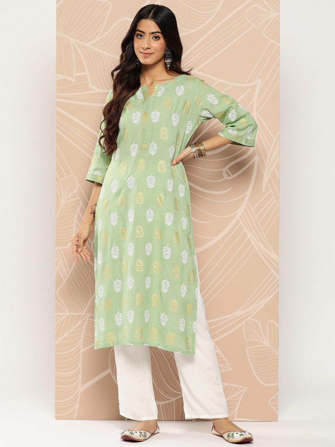 Green Printed Rayon Straight Kurta - Jashvi