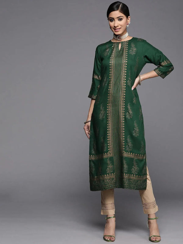 Green Printed Rayon Straight Kurta - Jashvi