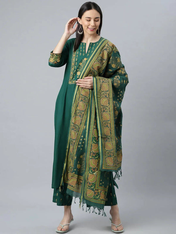 Green Printed Rayon Suit Set - Jashvi