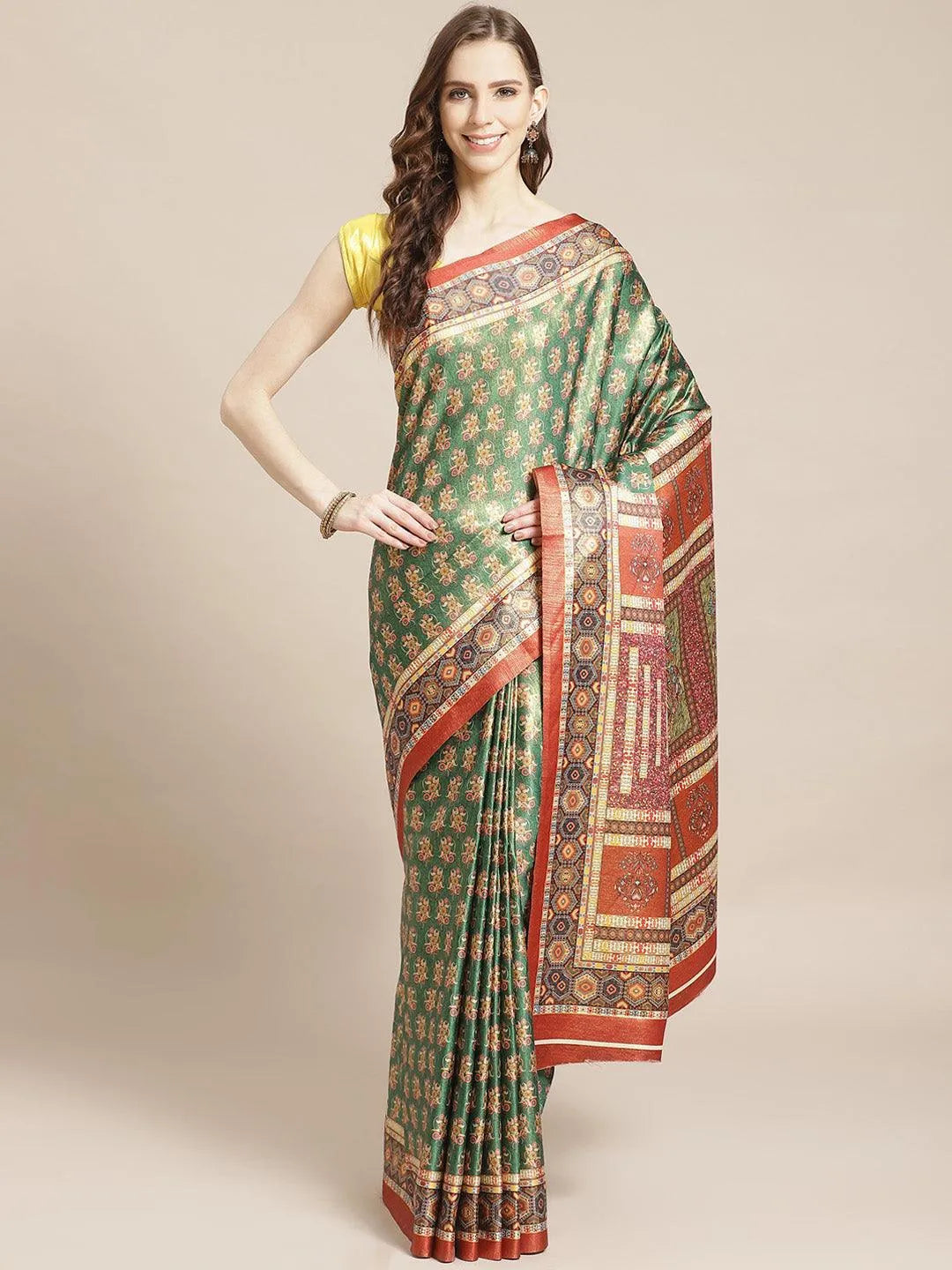 Green Printed Satin Saree - Jashvi