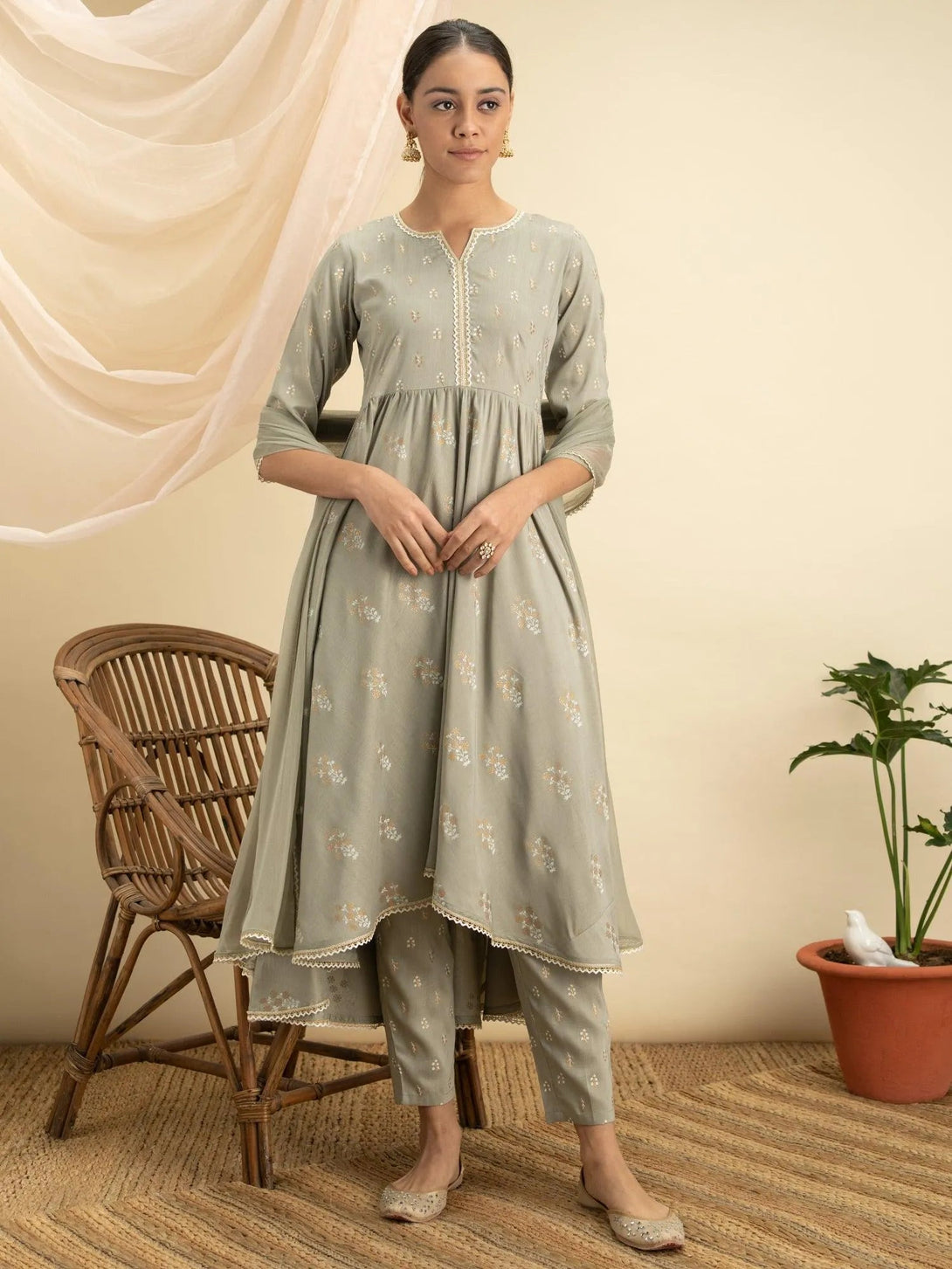 Green Printed Silk A-Line Suit Set - Jashvi