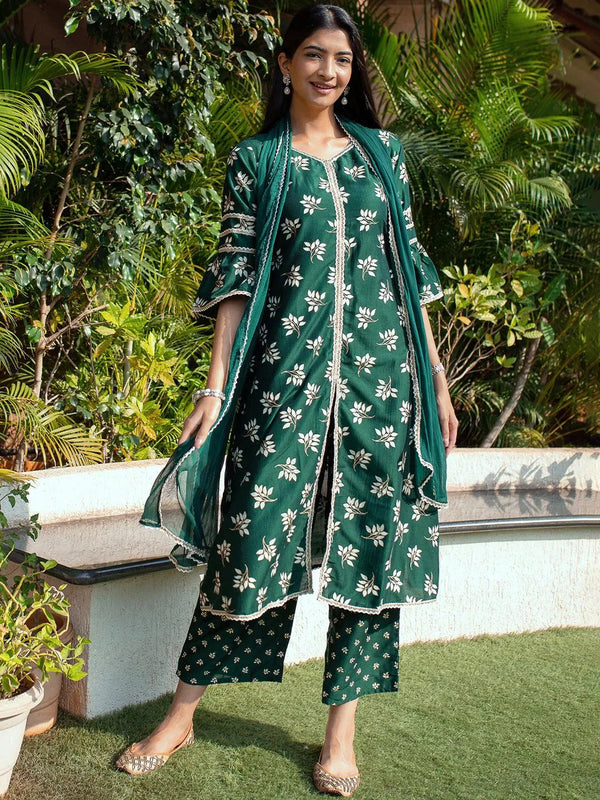 Green Printed Silk A-Line Suit Set - Jashvi