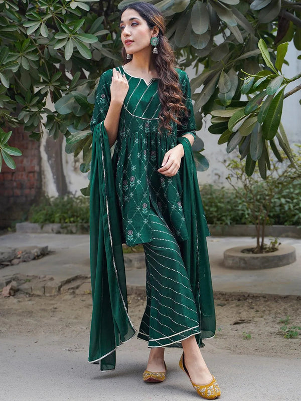 Green Printed Silk Blend A-Line Kurta With Palazzos & Dupatta - Jashvi