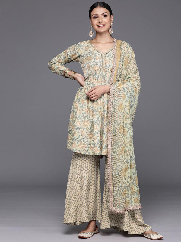 Green Printed Silk Blend A-Line Kurta With Sharara & Dupatta - Jashvi