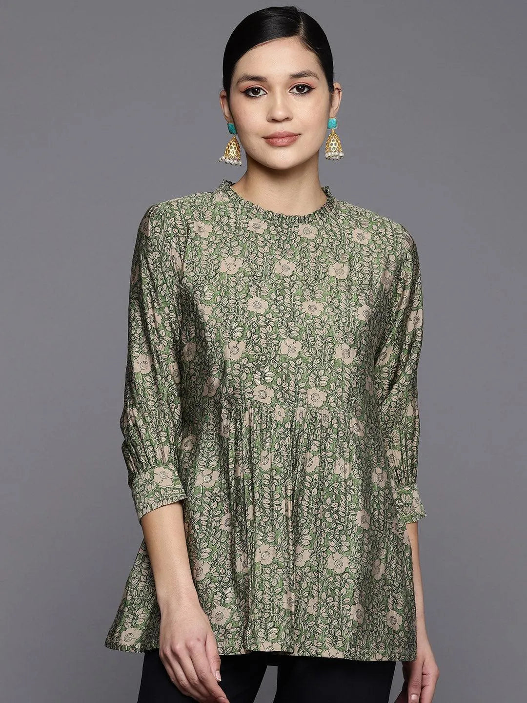 Green Printed Silk Blend A-Line Kurti - Jashvi