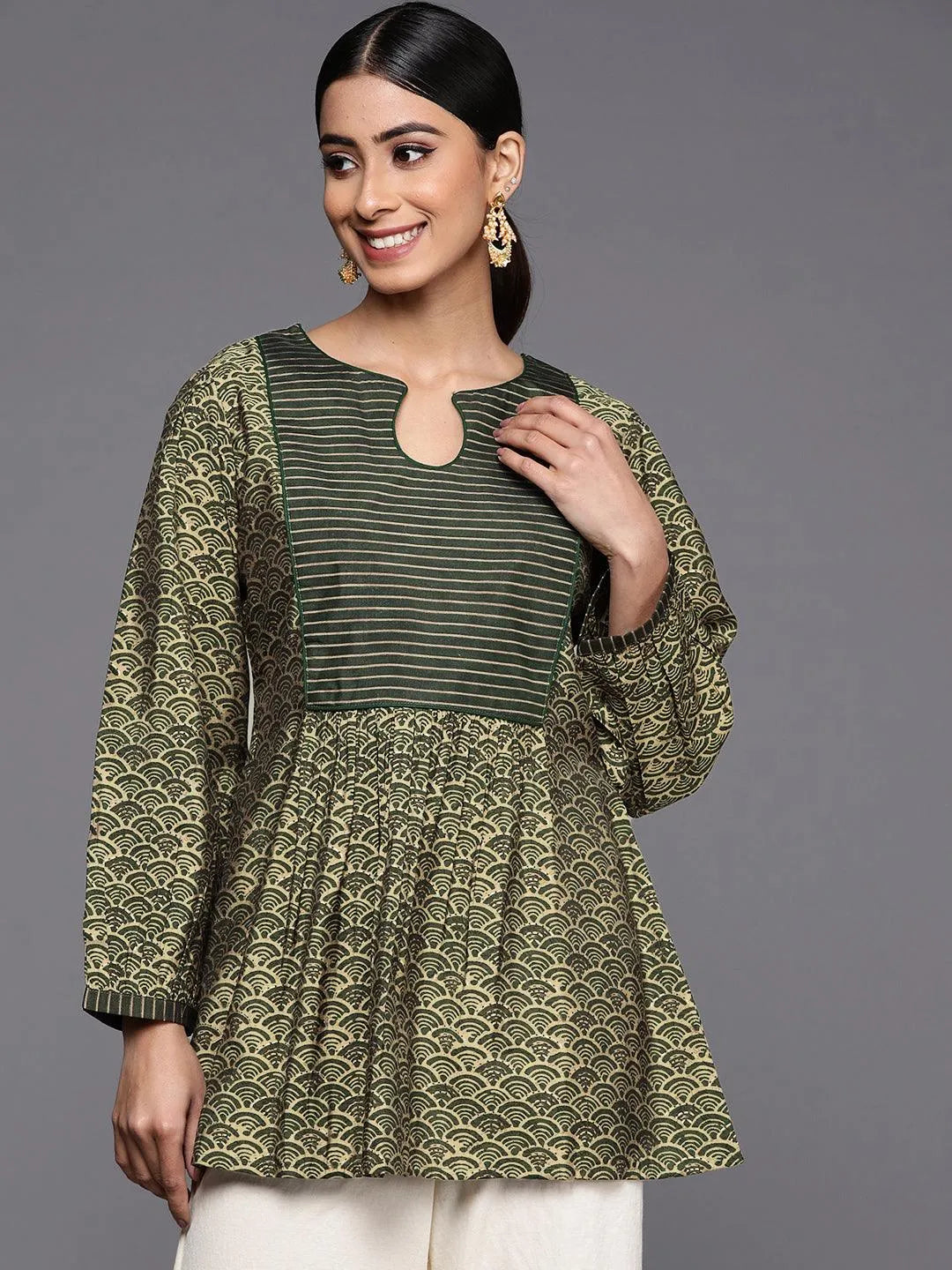 Green Printed Silk Blend A-Line Kurti - Jashvi