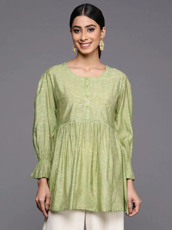 Green Printed Silk Blend A-Line Kurti - Jashvi