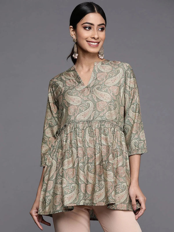 Green Printed Silk Blend A-Line Kurti - Jashvi