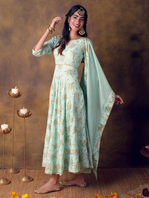 Green Printed Silk Blend Anarkali Dress With Dupatta - Jashvi