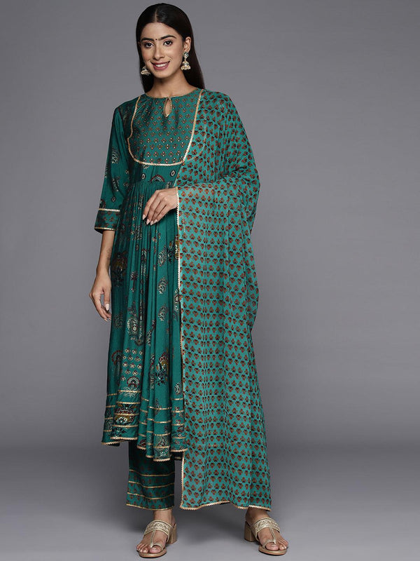 Green Printed Silk Blend Anarkali Kurta With Trousers & Dupatta - Jashvi