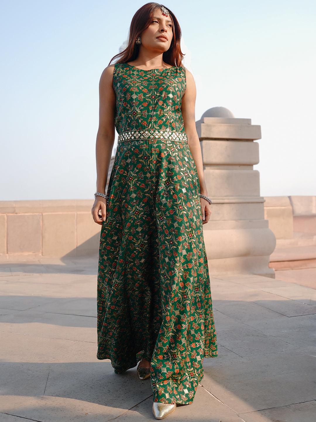 Green Printed Silk Blend Jumpsuit With belt - Jashvi