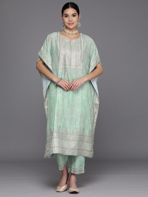 Green Printed Silk Blend Kaftan Kurta Set With Trousers - Jashvi