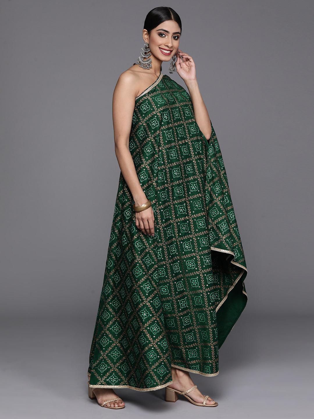 Green Printed Silk Blend Kaftan Kurta With Trousers - Jashvi