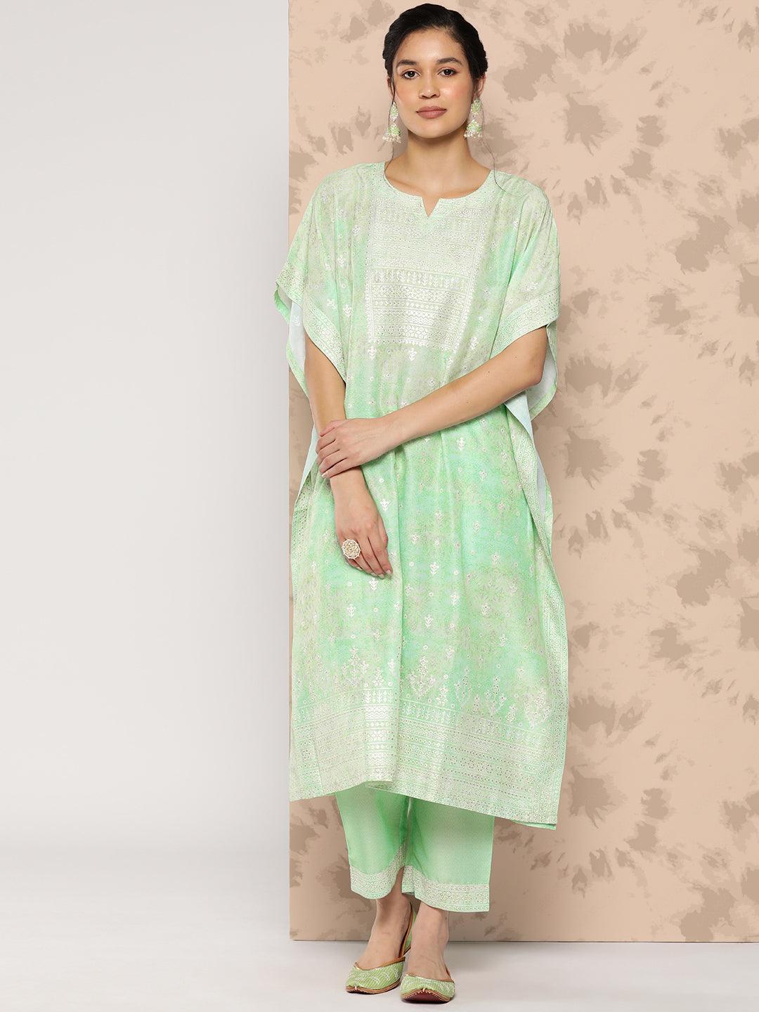 Green Printed Silk Blend Kaftan Kurta With Trousers - Jashvi