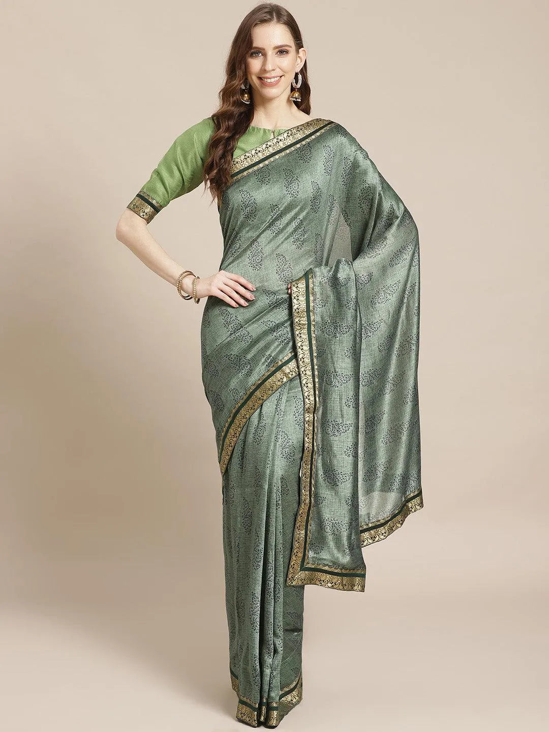 Green Printed Silk Blend Saree - Jashvi