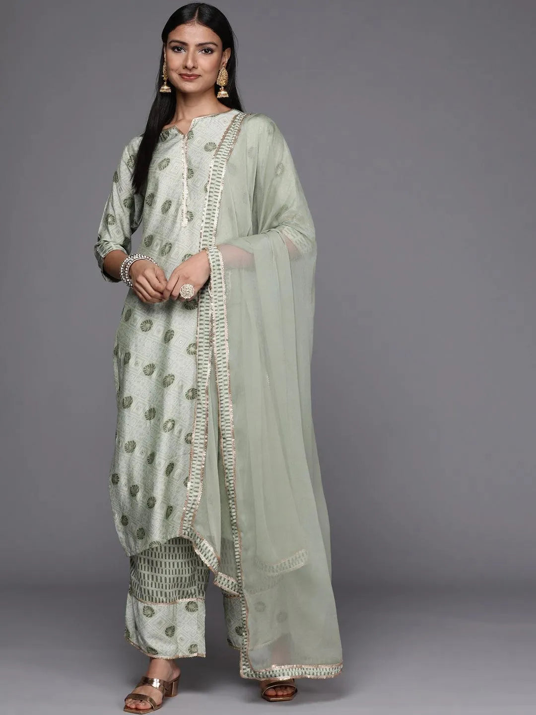 Green Printed Silk Blend Straight Suit Set - Jashvi