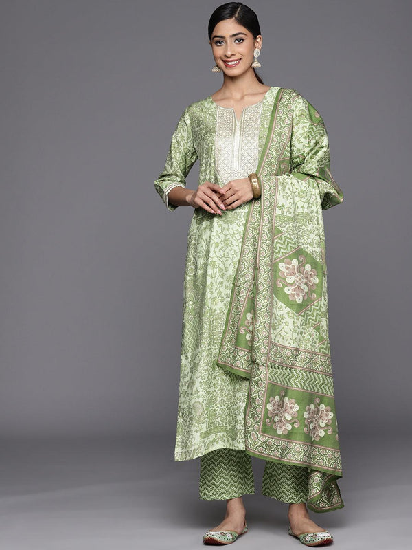 Green Printed Silk Blend Straight Suit Set With Trousers - Jashvi