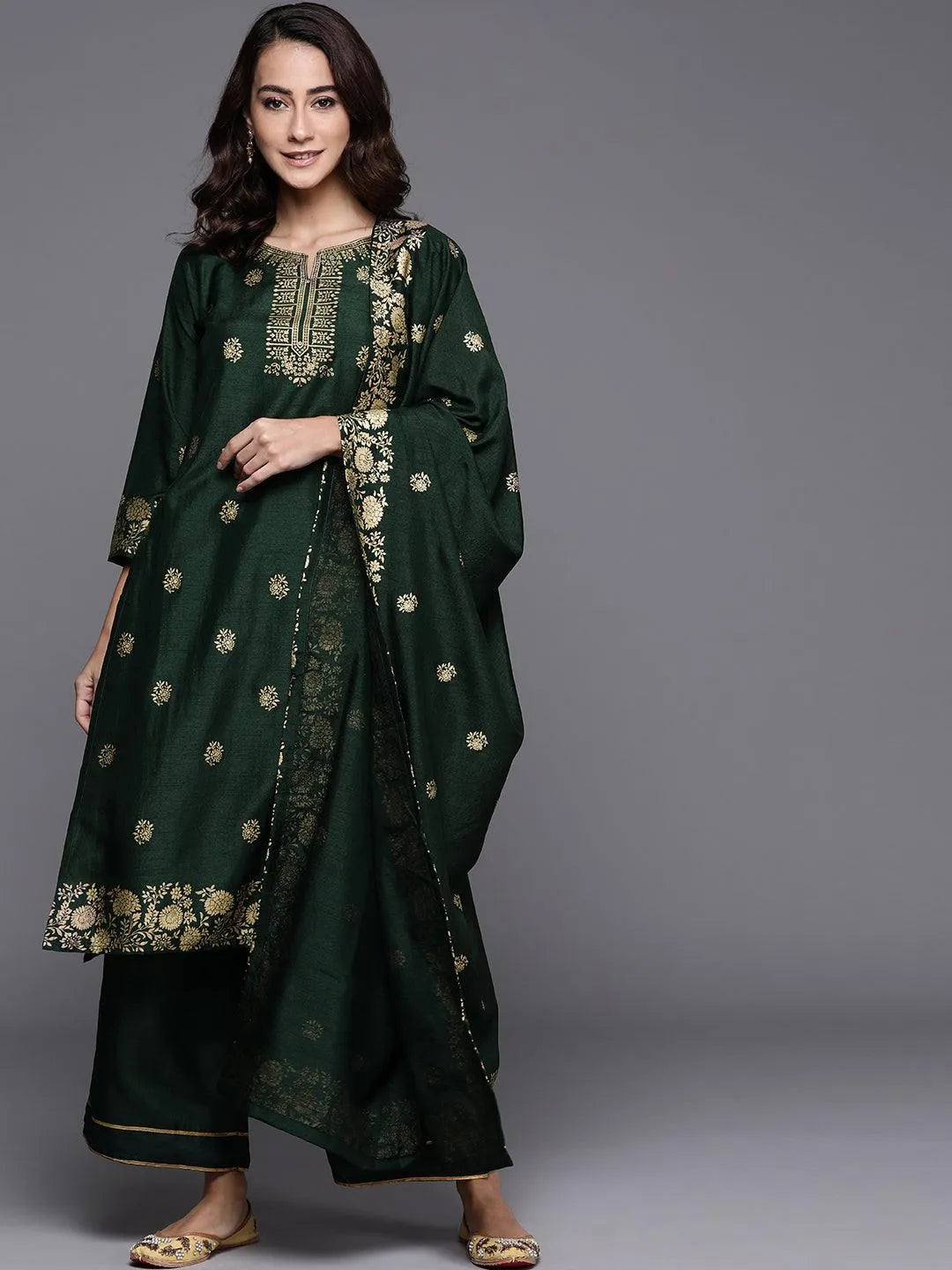 Green Printed Silk Blend Suit Set - Jashvi