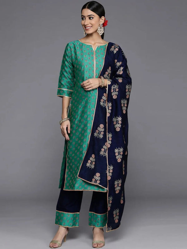 Green Printed Silk Blend Straight Suit Set With Trousers - Jashvi