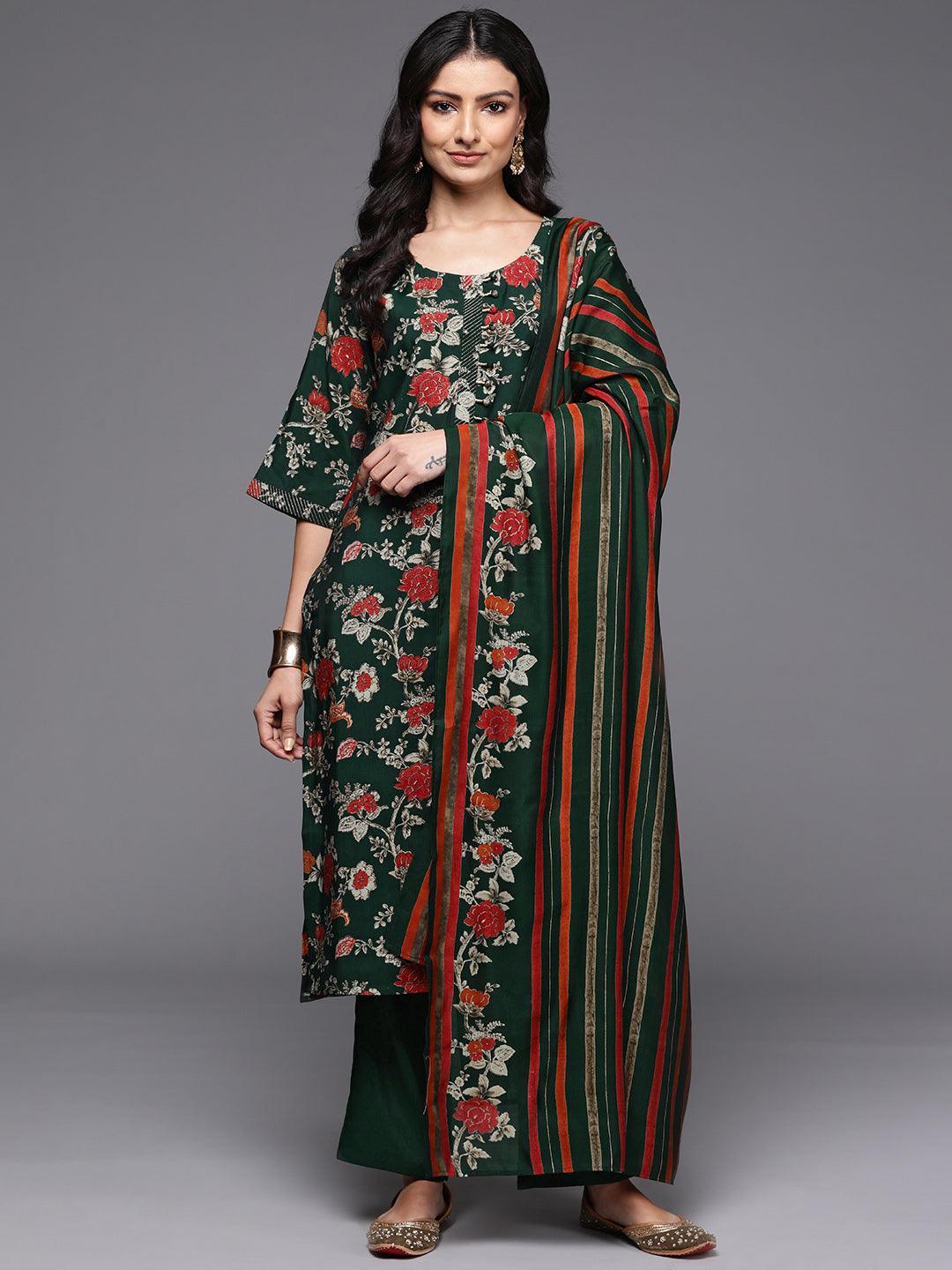 Green Printed Silk Blend Straight Kurta With Palazzos & Dupatta - Jashvi