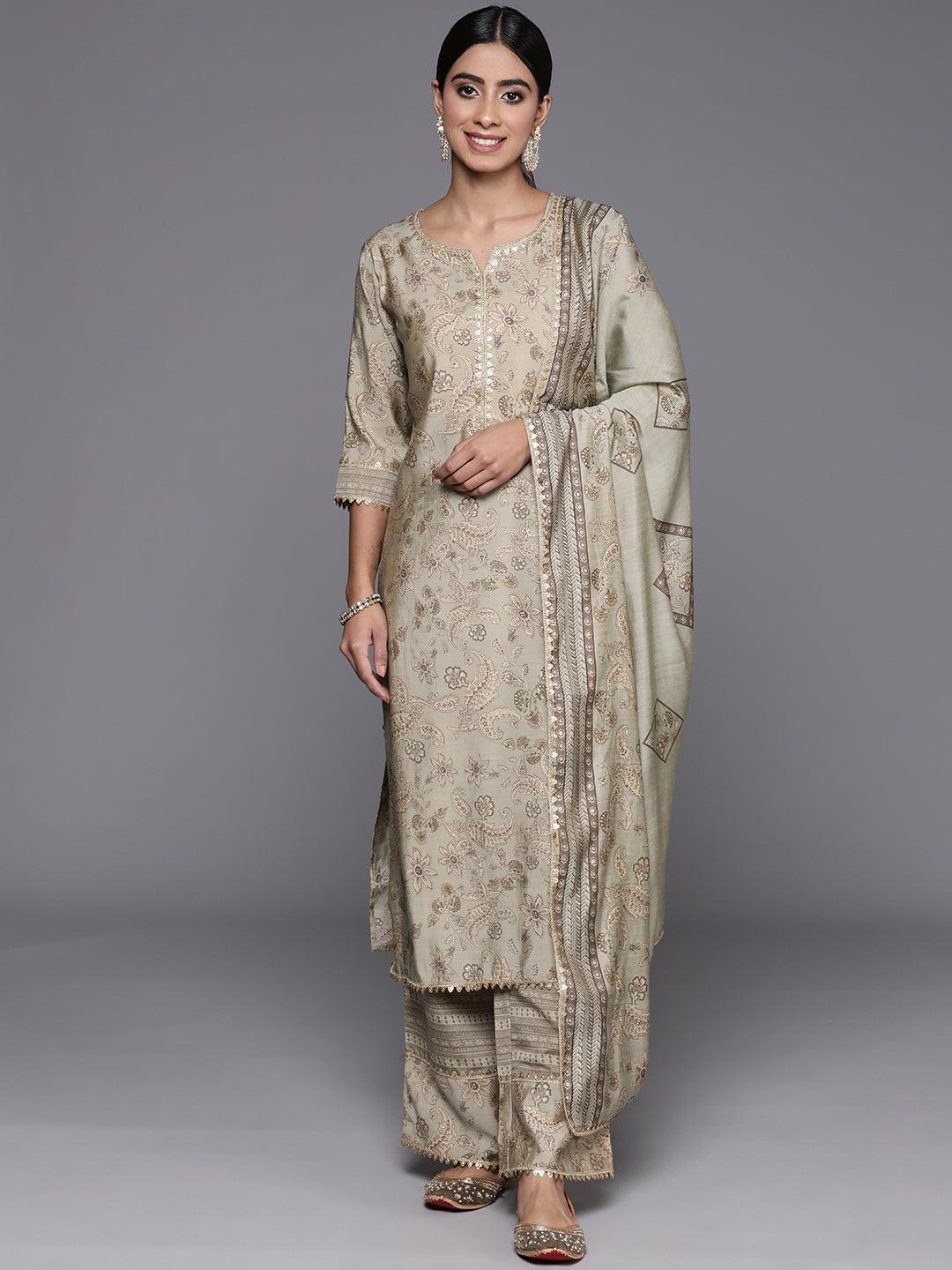 Green Printed Silk Blend Straight Kurta With Palazzos & Dupatta - Jashvi